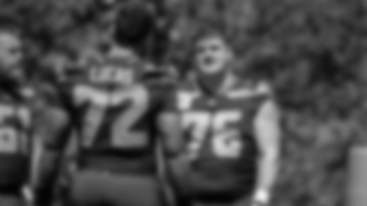 Seahawks guard Grey Zabel (76) and tackle Abraham Lucas (72) participated in a workout on day one of OTAs on Tuesday, May 27, 2025 at the Virginia Mason Athletic Center.