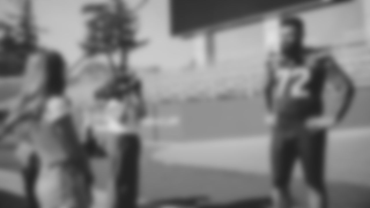 Seahawks tackle Abraham Lucas (72) during the Super Bowl LX team photo on February 7, 2026.