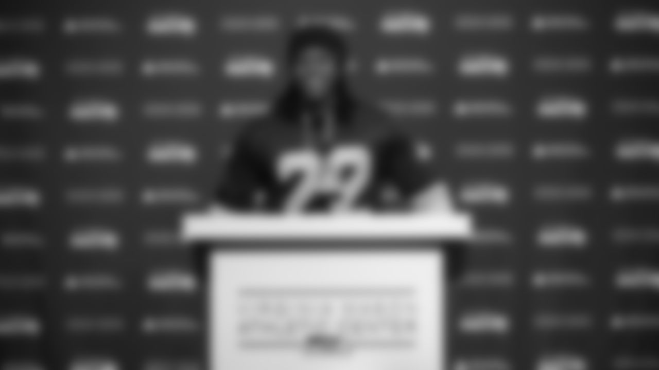 Seahawks wide receiver Rashid Shaheed (22) spoke to the local media for the first time as a Seahawk.