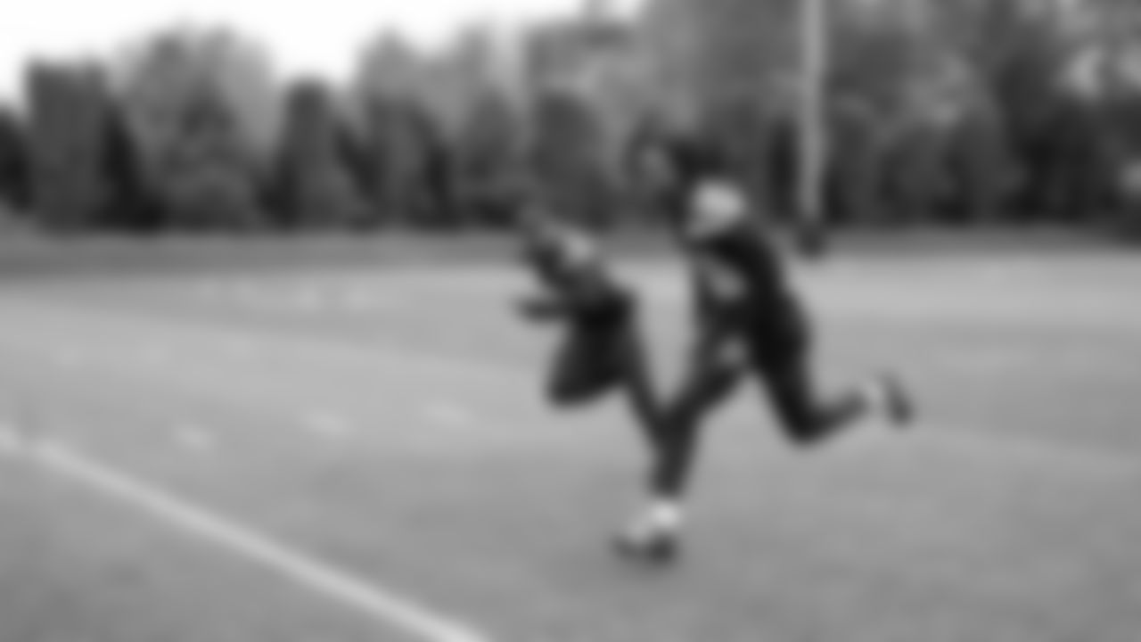 Seahawks wide receiver Ricky White III (86) and wide receiver Nate McCollum (33) participated in a workout on May 21, 2025 at the Virginia Mason Athletic Center.
