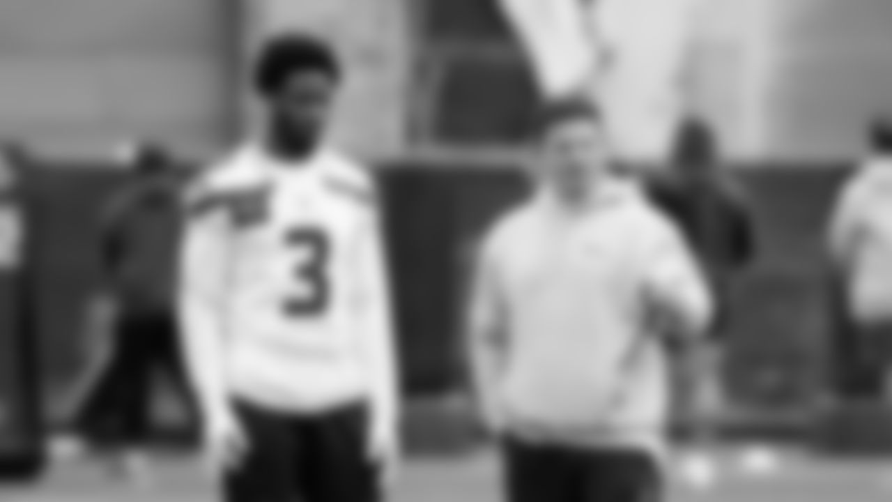 Seahawks safety Nick Emmanwori (3) with head coach Mike Macdonald during a workout on May 13, 2025 at the Virginia Mason Athletic Center.