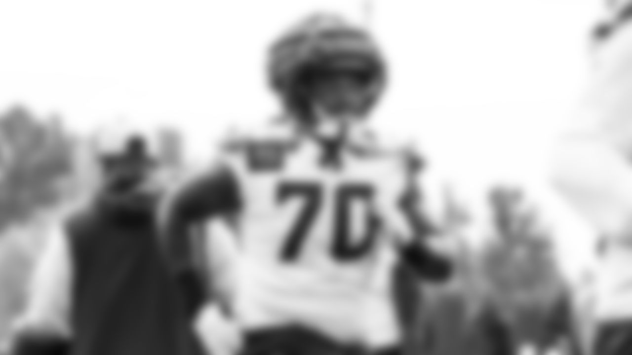 Seahawks nose tackle J.R. Singleton (70) practiced on August 13, 2025 at the Virginia Mason Athletic Center.