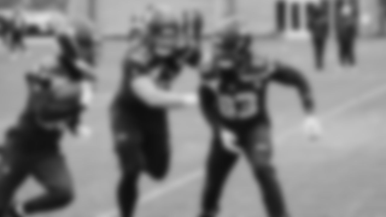 Seahawks wide receiver Ricky White III (86), tight end Nick Kallerup (89) and wide receiver Dareke Young (83) practiced on Wednesday, January 7, 2026 at the Virginia Mason Athletic Center.