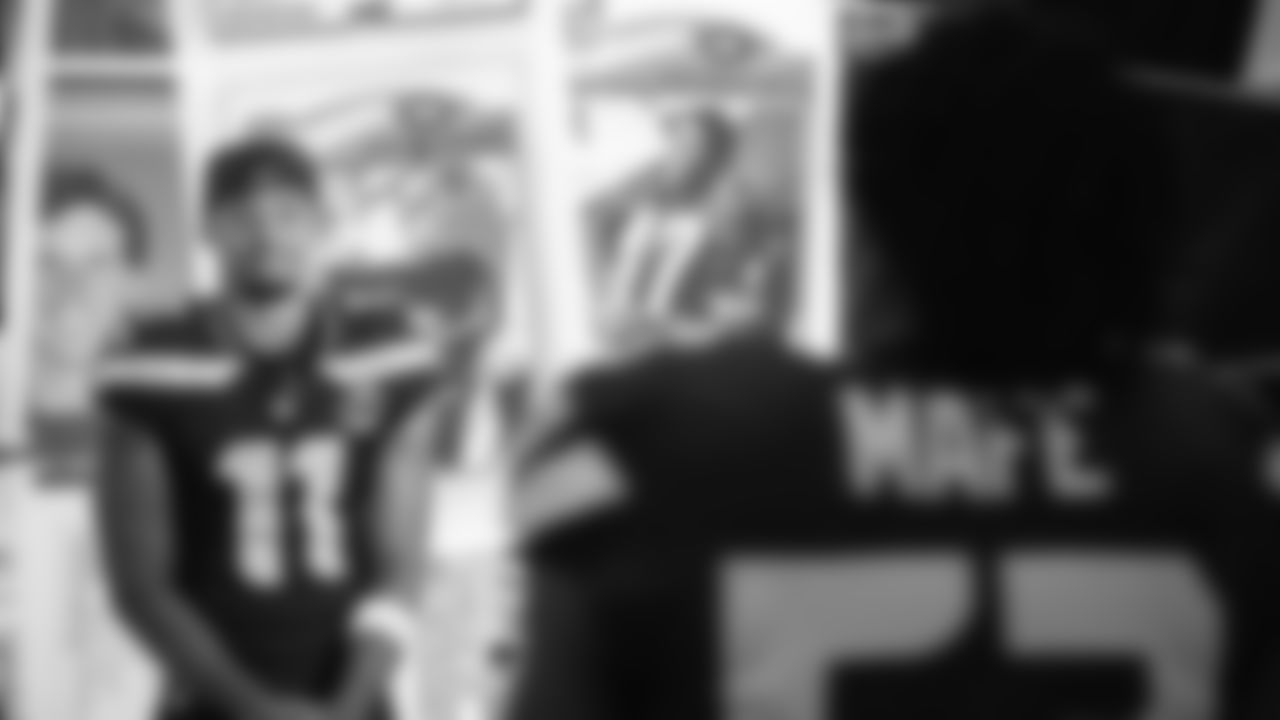 Seahawks wide receiver Jaxon Smith-Njigba (11) and linebacker Boye Mafe (53) at Seahawks media day on June 9, 2025
