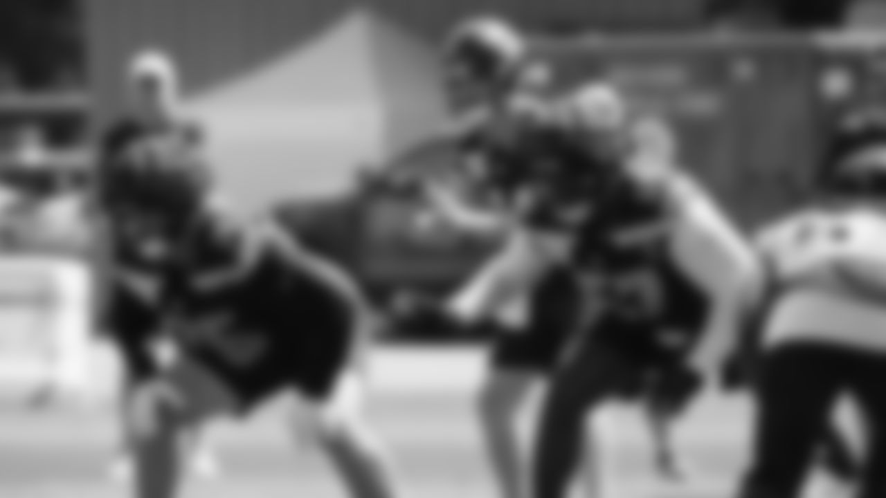 Seahawks guard Grey Zabel (76) and tackle Charles Cross (67) practiced on day four of training camp on July 26, 2025 at the Virginia Mason Athletic Center.