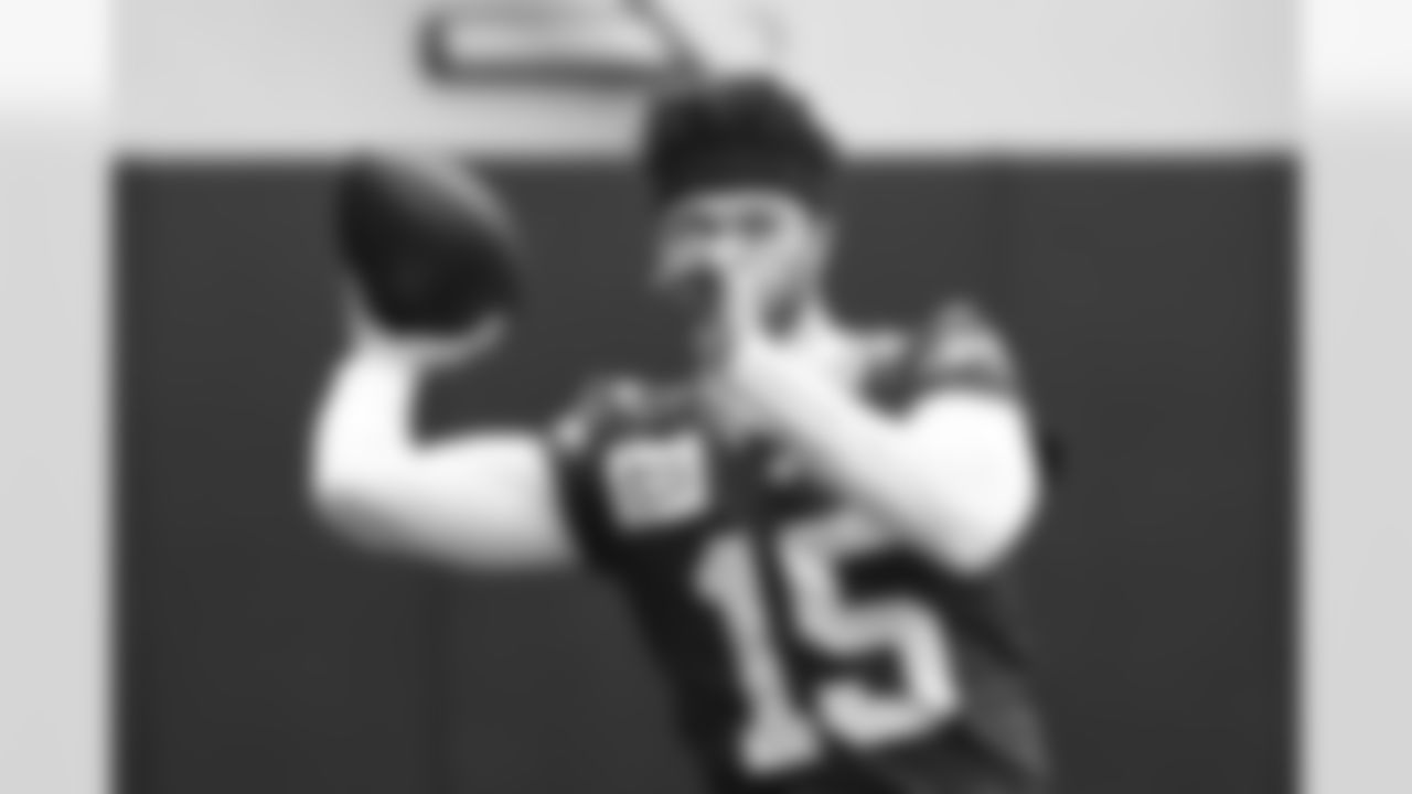 Seahawks quarterback Jaren Hall (15) practiced at the Virginia Mason Athletic Center on Thursday, January 2, 2025.
