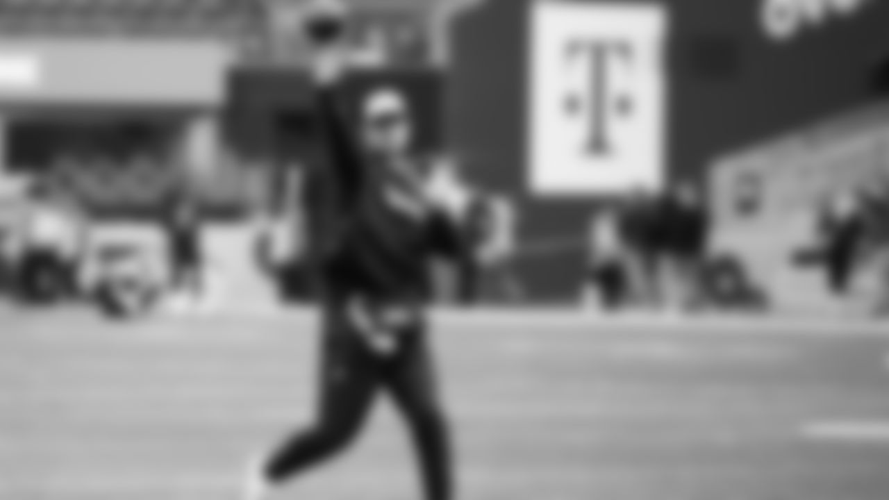 Seahawks quarterback Sam Darnold (14) warms up at Lumen Field for the Week 15 matchup vs. the Indianapolis Colts.