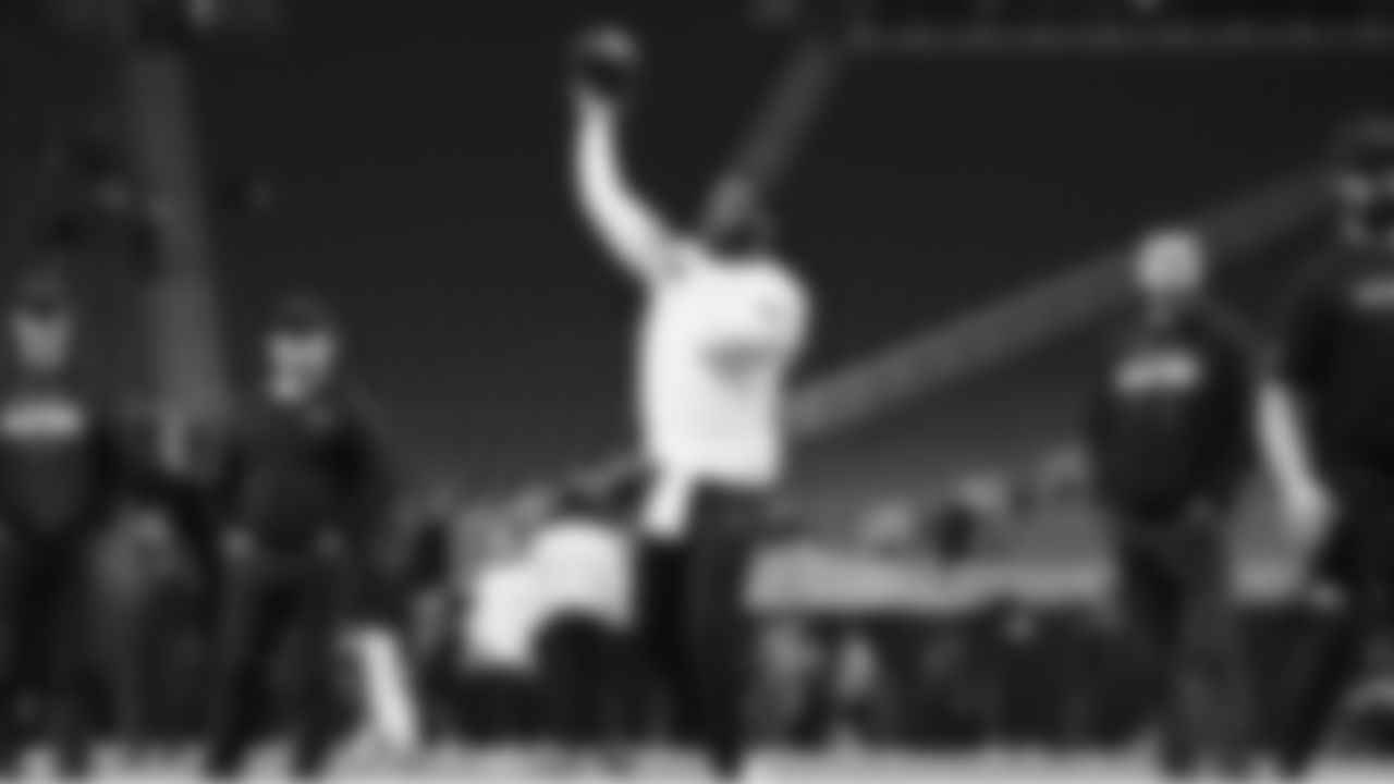 Seahawks quarterback Jalen Milroe (6) warms up at Mercedes-Benz Stadium for the Week 14 matchup vs. the Atlanta Falcons.