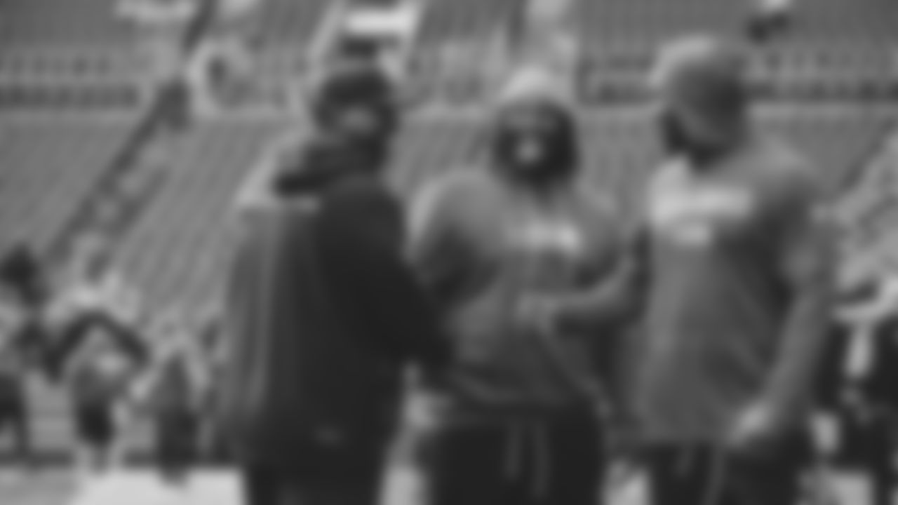 Seahawks nose tackle J.R. Singleton (70) and Seahawks linebacker Derick Hall (58) warm up at Lumen Field for the Week 5 matchup vs. the Tampa Bay Buccaneers.