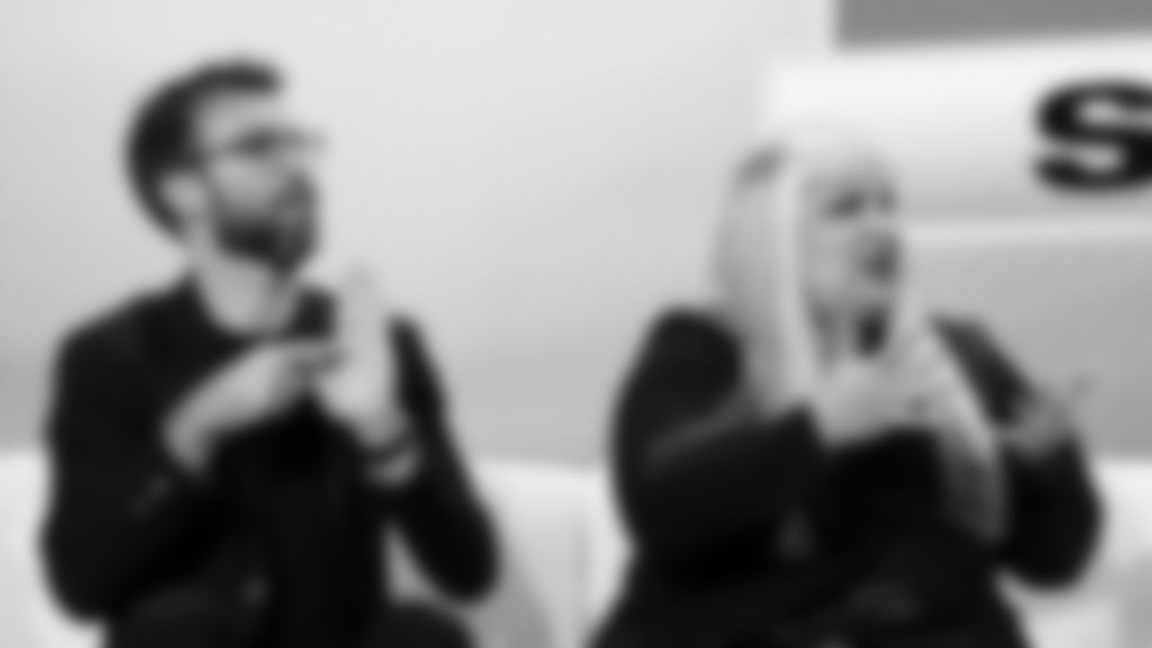 ASL interpreters Dylan Geil and Alexssa Hernandez at the Apple Music Halftime Show press conference ahead of the Super Bowl 60 football game on Thursday, February 5, 2026 in San Francisco. (Kathryn Riley/NFL)