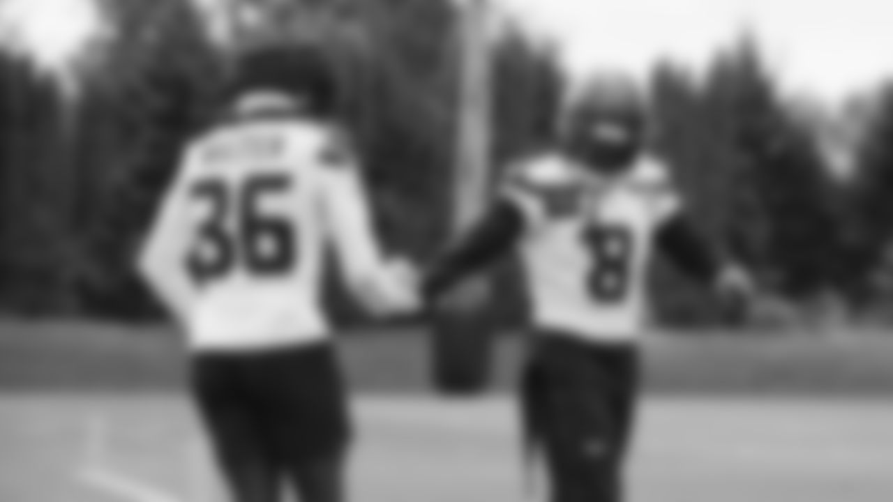 Seahawks cornerback Isas Waxter (36) and safety Coby Bryant (8) practiced on day three of training camp on July 25, 2025 at the Virginia Mason Athletic Center.