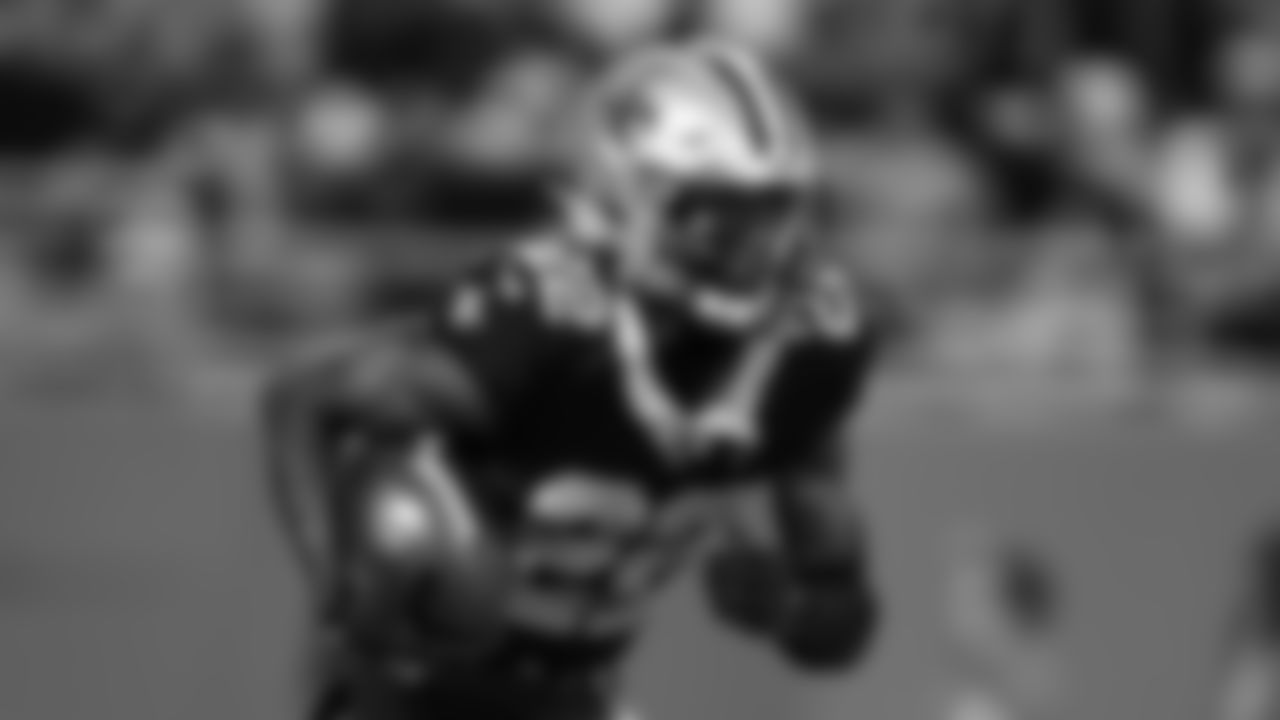 New Orleans Saints wide receiver Rashid Shaheed (22) runs the ball during an NFL football game against the Carolina Panthers, Monday, Sept. 18, 2023, in Charlotte N.C. The Saints won 20-17. (Perry Knotts via AP)