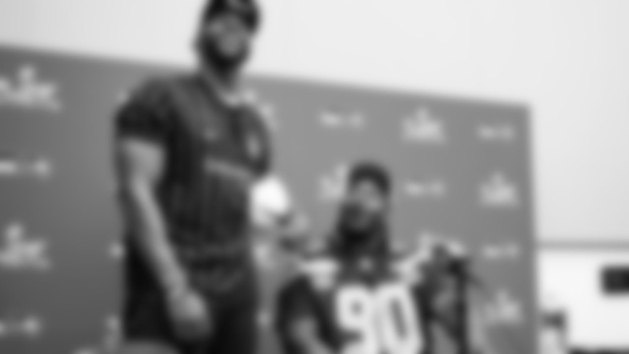 Seahawks defensive tackle Jarran Reed (90) and Seahawks Legend Cliff Avril at day three of press conference media availability on February 5, 2026.