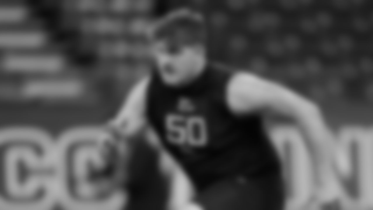 North Dakota State offensive lineman Grey Zabel runs a drill at the NFL football scouting combine in Indianapolis, Sunday, March 2, 2025. (AP Photo/George Walker IV)