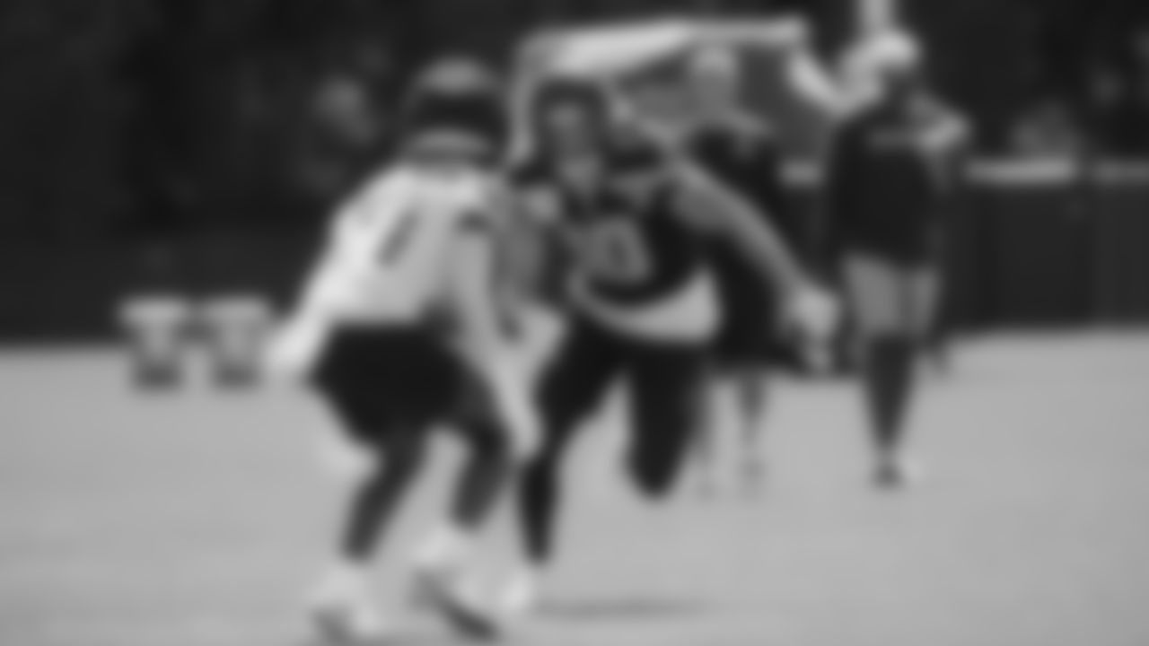 Seahawks wide receiver Cooper Kupp (10) and cornerback Devon Witherspoon (21) practiced on day two of training camp on July 24, 2025 at the Virginia Mason Athletic Center.