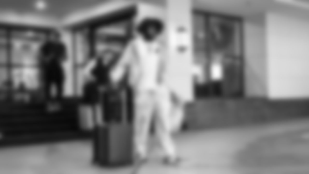 Seahawks linebacker Ernest Jones IV (13) departed the team hotel for the Week 14 matchup vs. the Atlanta Falcons.