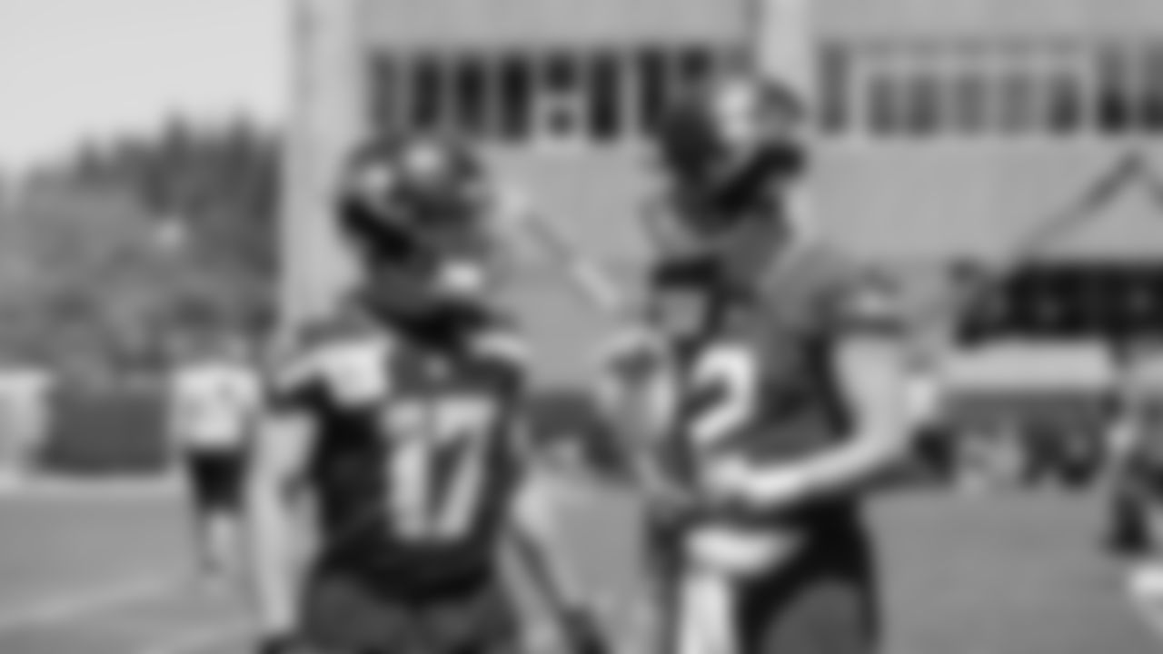 Seahawks wide receiver John Rhys Plumlee (17) and quarterback Drew Lock (2) participated in a workout on day six of OTAs on Thursday, June 5, 2025 at the Virginia Mason Athletic Center.