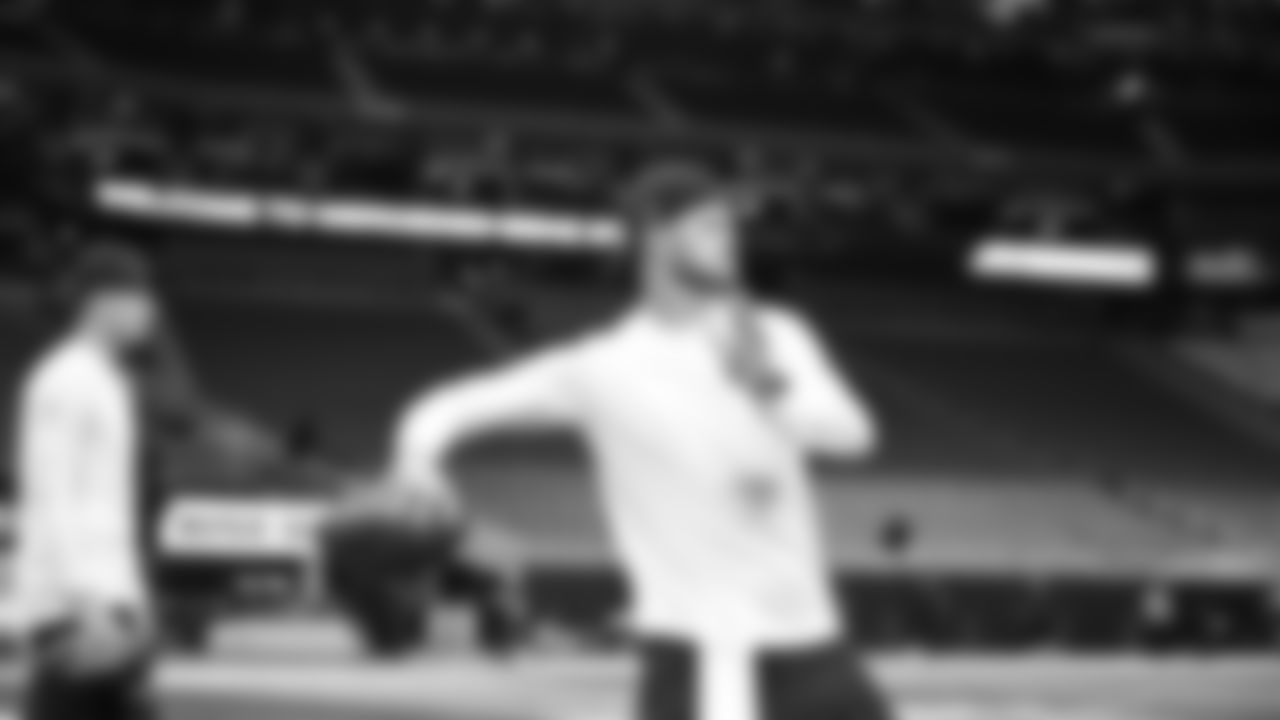 Seahawks quarterback Sam Darnold (14) warms up at Mercedes-Benz Stadium for the Week 14 matchup vs. the Atlanta Falcons.