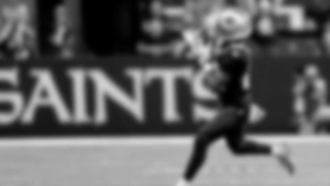 New Orleans Saints wide receiver Rashid Shaheed (22) catches an 87-yard touchdown in the second quarter during the NFL game against the New York Giants on Sunday, Oct. 5, 2025 in New Orleans. (Michael DeMocker/ NFL LCC)