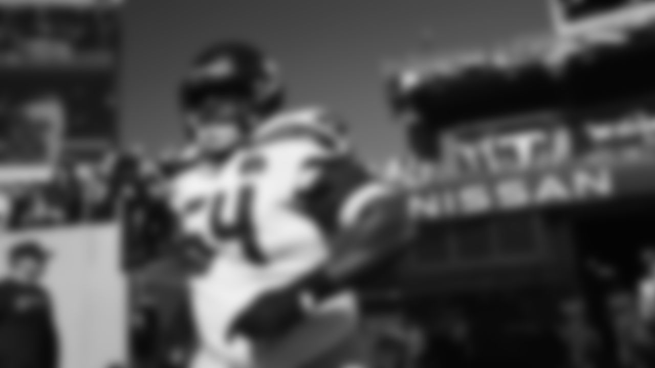 Seahawks guard Christian Haynes (64) hit the field at Nissan Stadium for the Week 12 matchup vs. the Titans in Nashville, Tennessee.