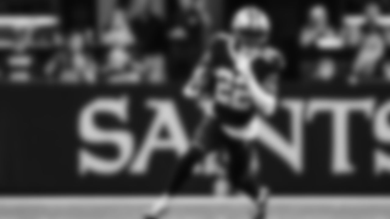 New Orleans Saints wide receiver Rashid Shaheed (22) runs the ball during an NFL football game against the Carolina Panthers, Sunday, Sept. 8, 2024, in New Orleans. The Saints defeated the Panthers 47 - 10. (Perry Knotts via AP)