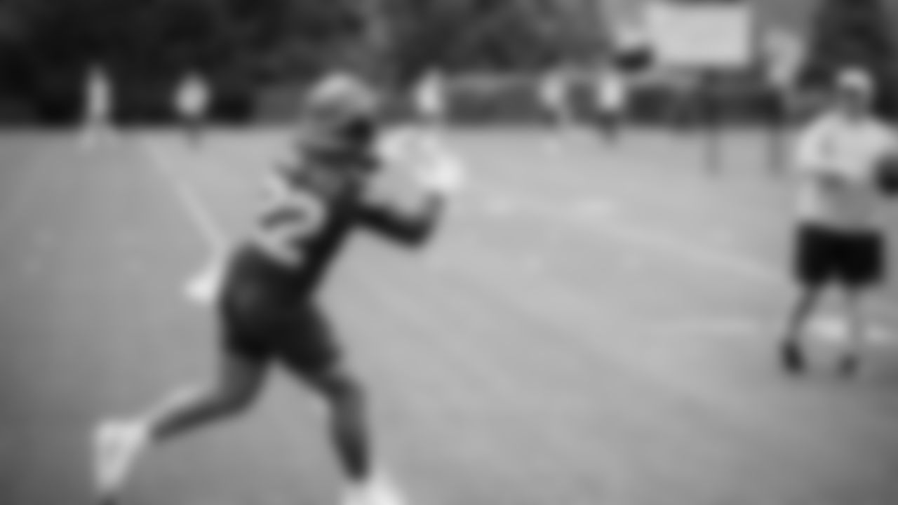 Running back Damien Martinez (22) practiced on day two of rookie minicamp on May 3, 2025 at the Virginia Mason Athletic Center.