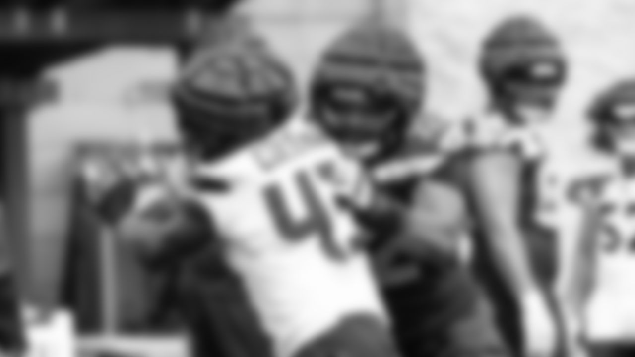 Seahawks tackle Abraham Lucas (72) practiced on August 13, 2025 at the Virginia Mason Athletic Center.