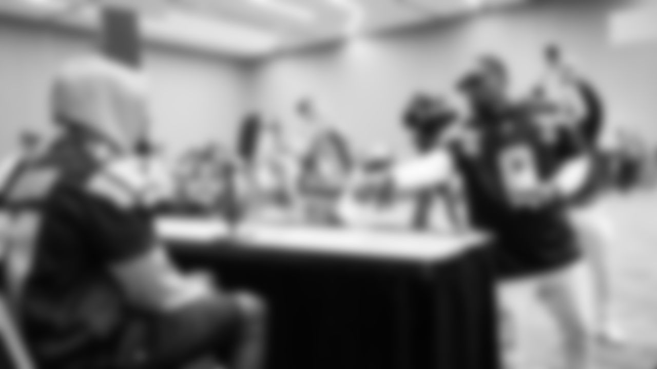 Seahawks defensive end DeMarcus Lawrence (0) and cornerback Devon Witherspoon (21) at day three of press conference media availability on February 5, 2026.