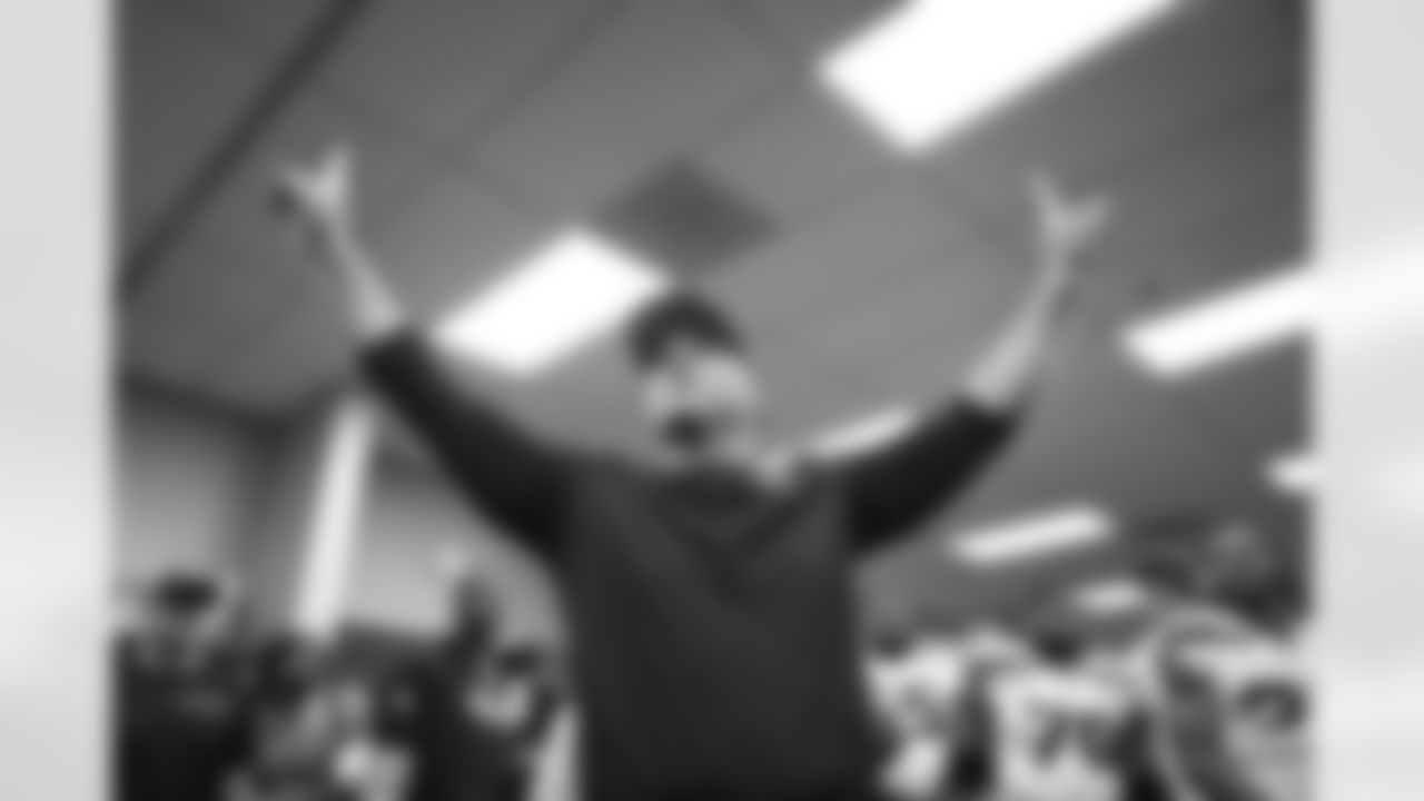 Seahawks head coach Mike Macdonald celebrates the Week 14 win over the Arizona Cardinals on Sunday, December 8, 2024 at State Farm Stadium in Glendale, Arizona.