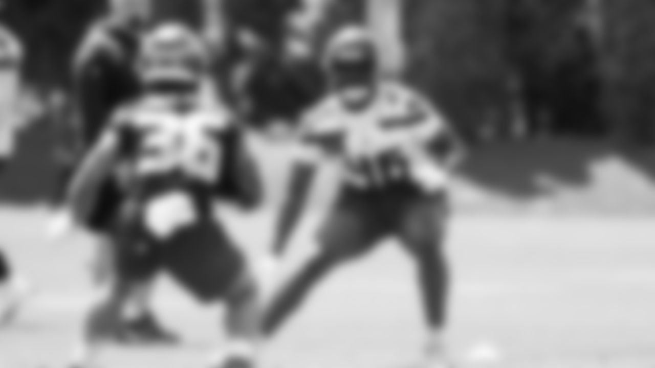 Seahawks linebacker D'Eryk Jackson (46) and running back George Holani (36) participated in a workout on day four of OTAs on Monday, June 2, 2025 at the Virginia Mason Athletic Center.