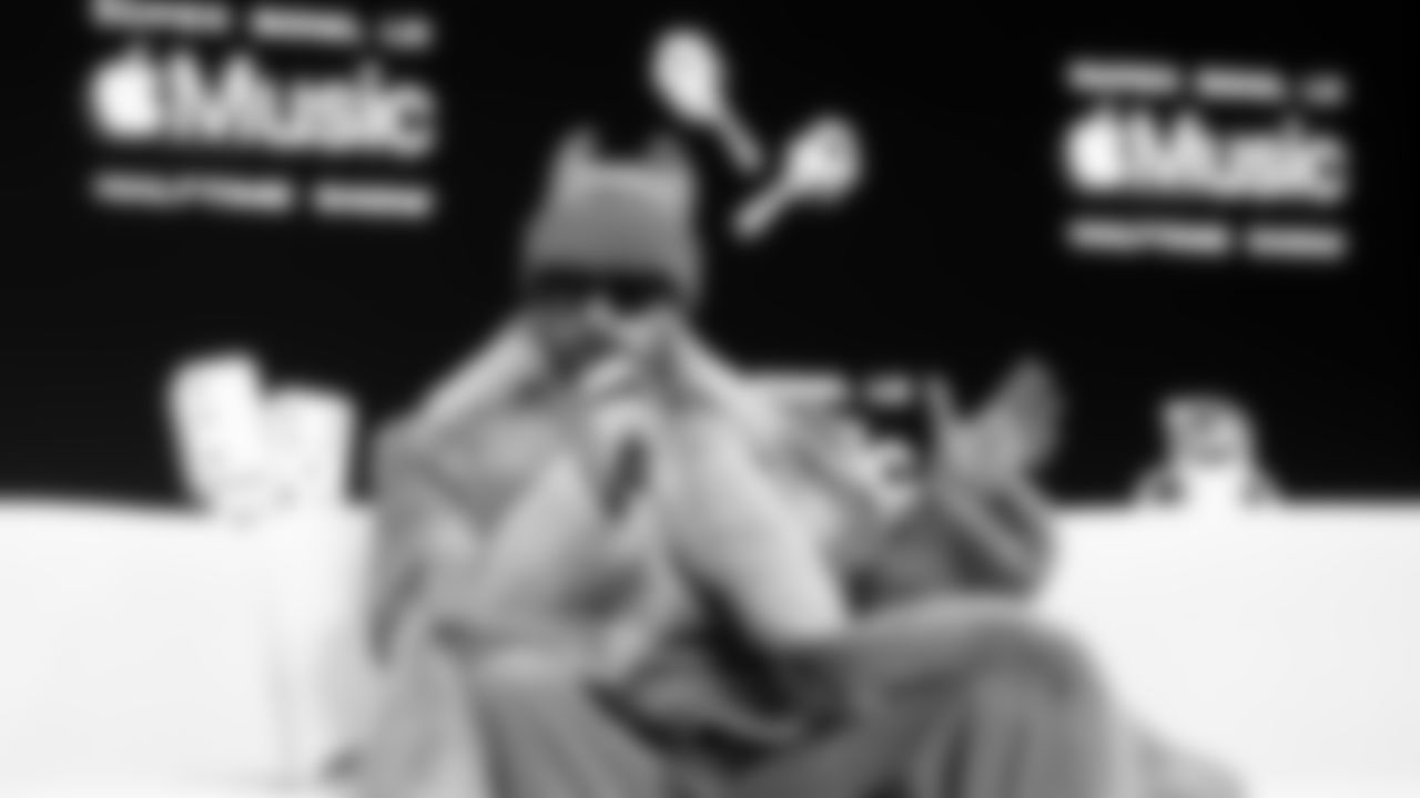 Bad Bunny speaks to the media at the Apple Music Halftime Show press conference ahead of the Super Bowl 60 football game on Thursday, February 5, 2026 in San Francisco. (Logan Bowles/NFL)