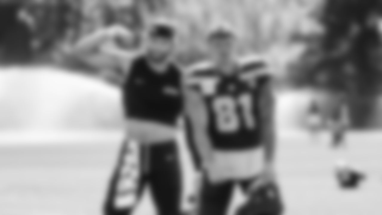 Seahawks tight end AJ Barner (88) and tight end Eric Saubert (81) practiced on August 12, 2025 at the Virginia Mason Athletic Center.
