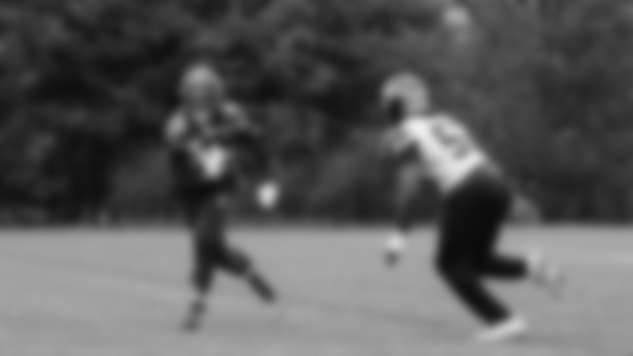 Seahawks tight end Elijah Arroyo (18) practiced on Friday, January 30, 2026 at the Virginia Mason Athletic Center.