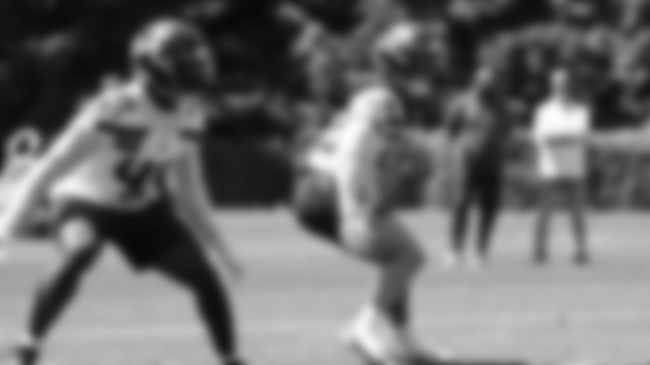 Seahawks linebacker Tyrice Knight (48) and linebacker Drake Thomas (42) participated in a workout on day one of OTAs on Tuesday, May 27, 2025 at the Virginia Mason Athletic Center.