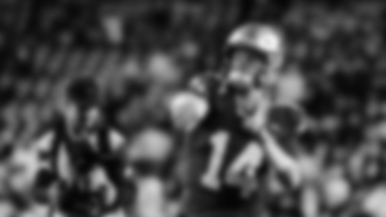 Seahawks quarterback Sam Darnold (14) warms up at Northwest Stadium for the Sunday Night Football matchup at the Washington Commanders in Week 9.