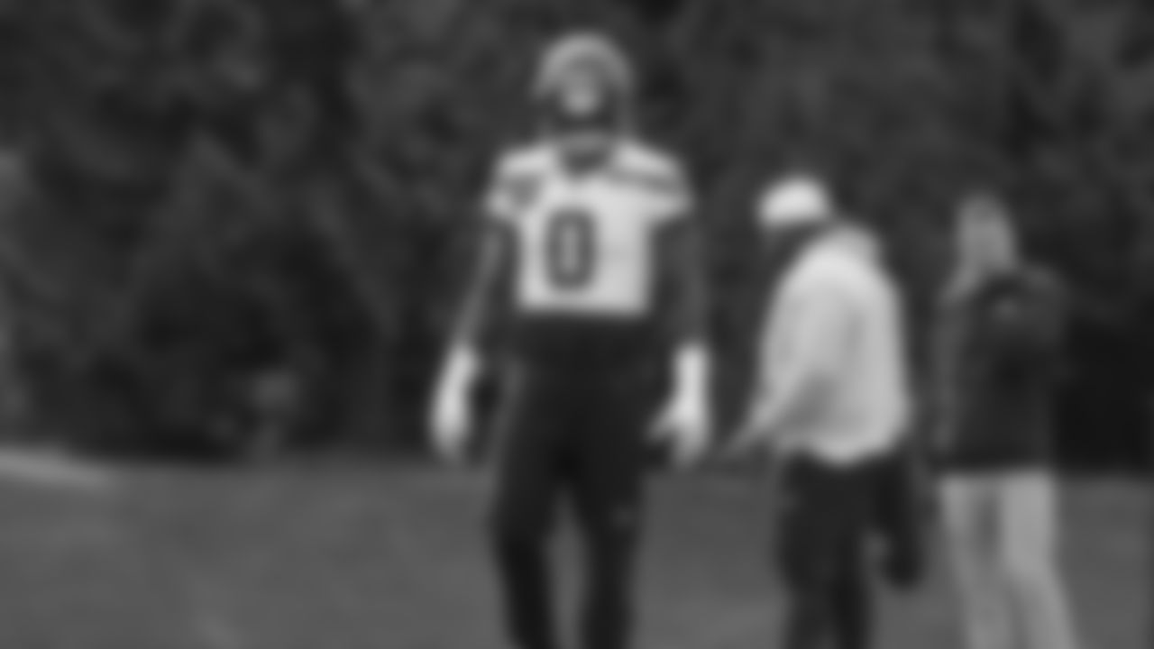 Seahawks defensive end DeMarcus Lawrence (0) practiced on Friday, October 17, 2025 at the Virginia Mason Athletic Center.