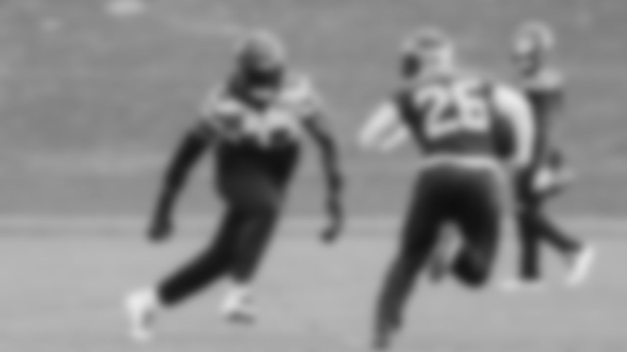 Seahawks linebacker Derick Hall (58) and running back Zach Charbonnet (26) practiced on Wednesday, January 14, 2026 at the Virginia Mason Athletic Center.