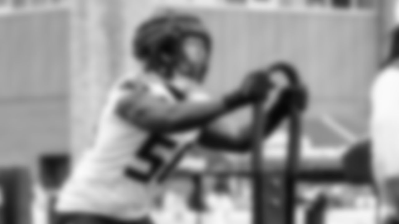 Seahawks linebacker Jamie Sheriff (50) practiced on day three of training camp on July 25, 2025 at the Virginia Mason Athletic Center.