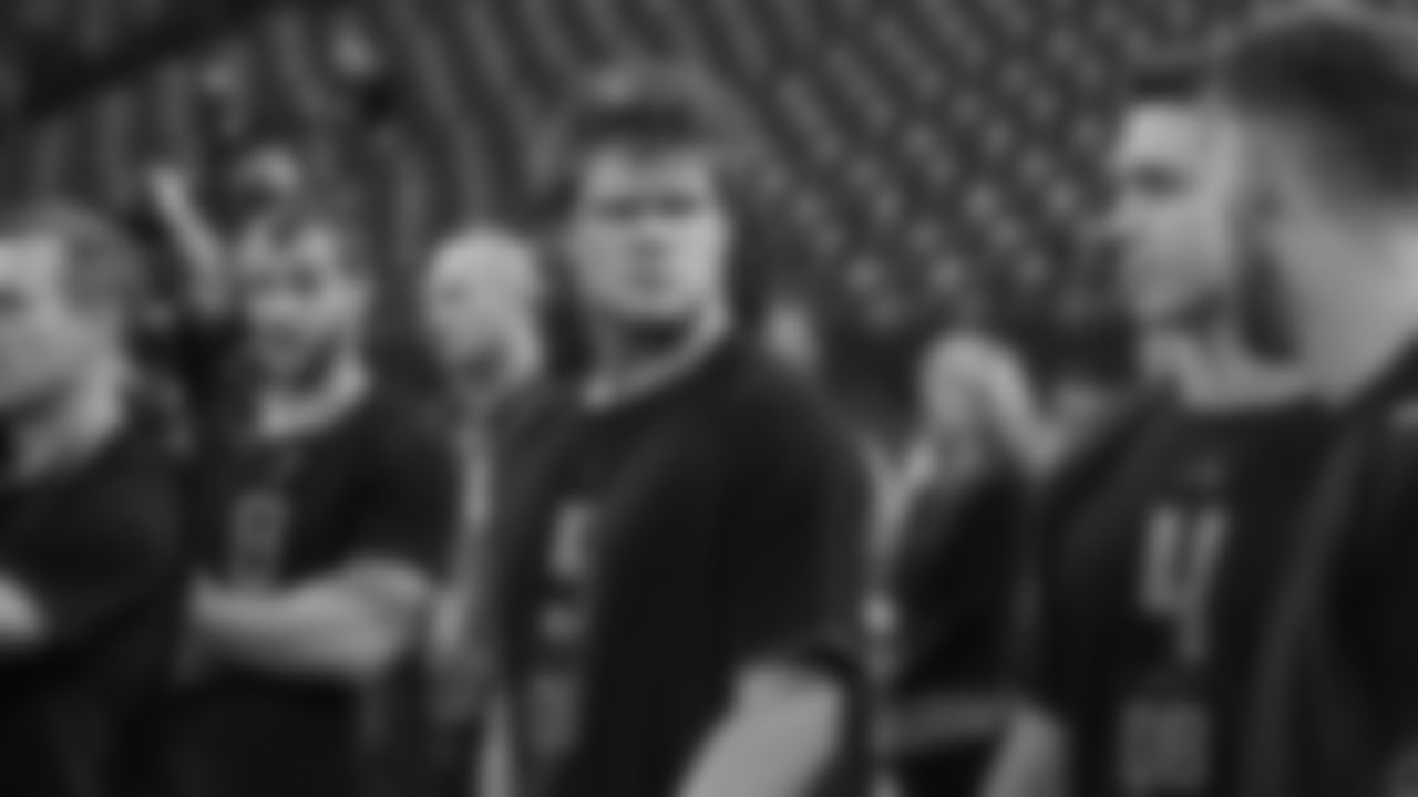 Southern California quarterback Sam Darnold (5) with the quarterbacks during the 2018 NFL Scouting Combine on Saturday, March 3, 2018 in Indianapolis. (Ben Liebenberg via AP)