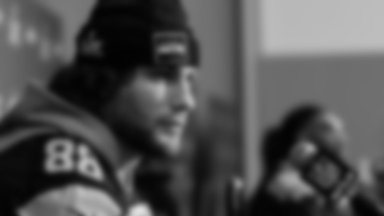 Seahawks tight end AJ Barner (88) at day two of press conference Media Availability on February 4, 2026.