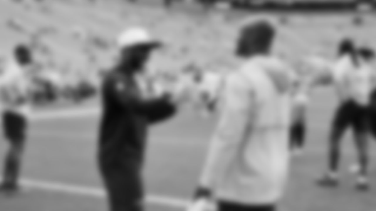 Seahawks wide receiver Steven Sims (84) and running back Kenneth Walker III (9) warms up at Lambeau Field for the preseason Week 3 matchup vs. the Green Bay Packers.