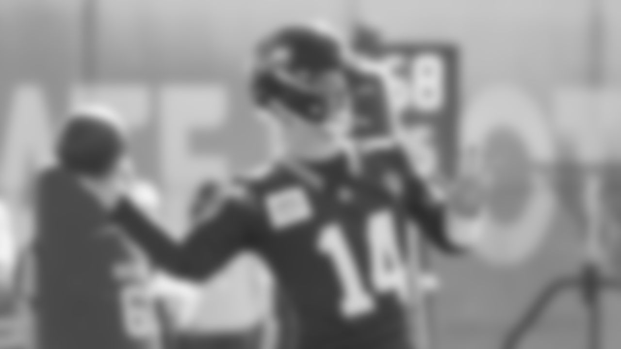 Seahawks quarterback Sam Darnold (14) practiced on February 5, 2026 in San Jose, California.