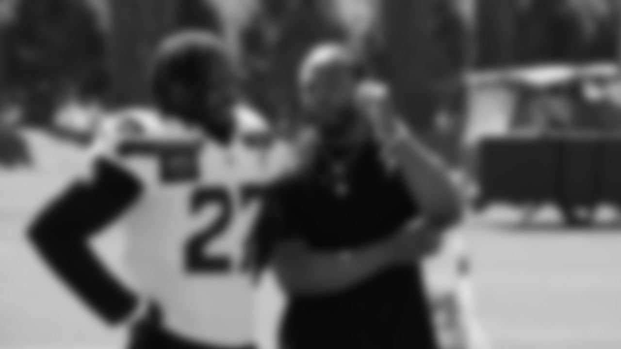 Seahawks cornerback Riq Woolen (27) with Legend Richard Sherman at practice on August 12, 2025 at the Virginia Mason Athletic Center.