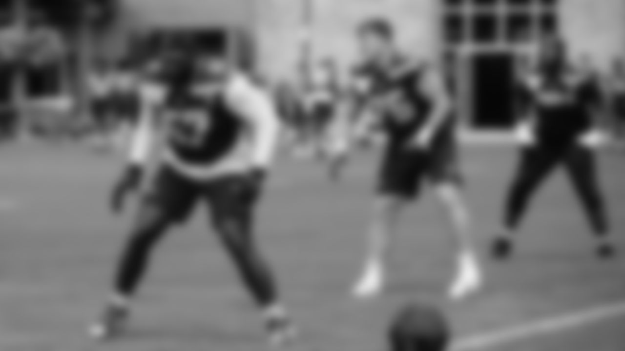 Seahawks tackle Charles Cross (67) and guard Grey Zabel (76) practiced on August 19, 2025 at the Virginia Mason Athletic Center.