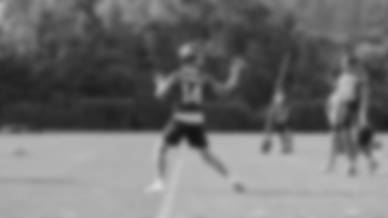Seahawks quarterback Sam Darnold (14) practiced on August 25, 2025 at the Virginia Mason Athletic Center.