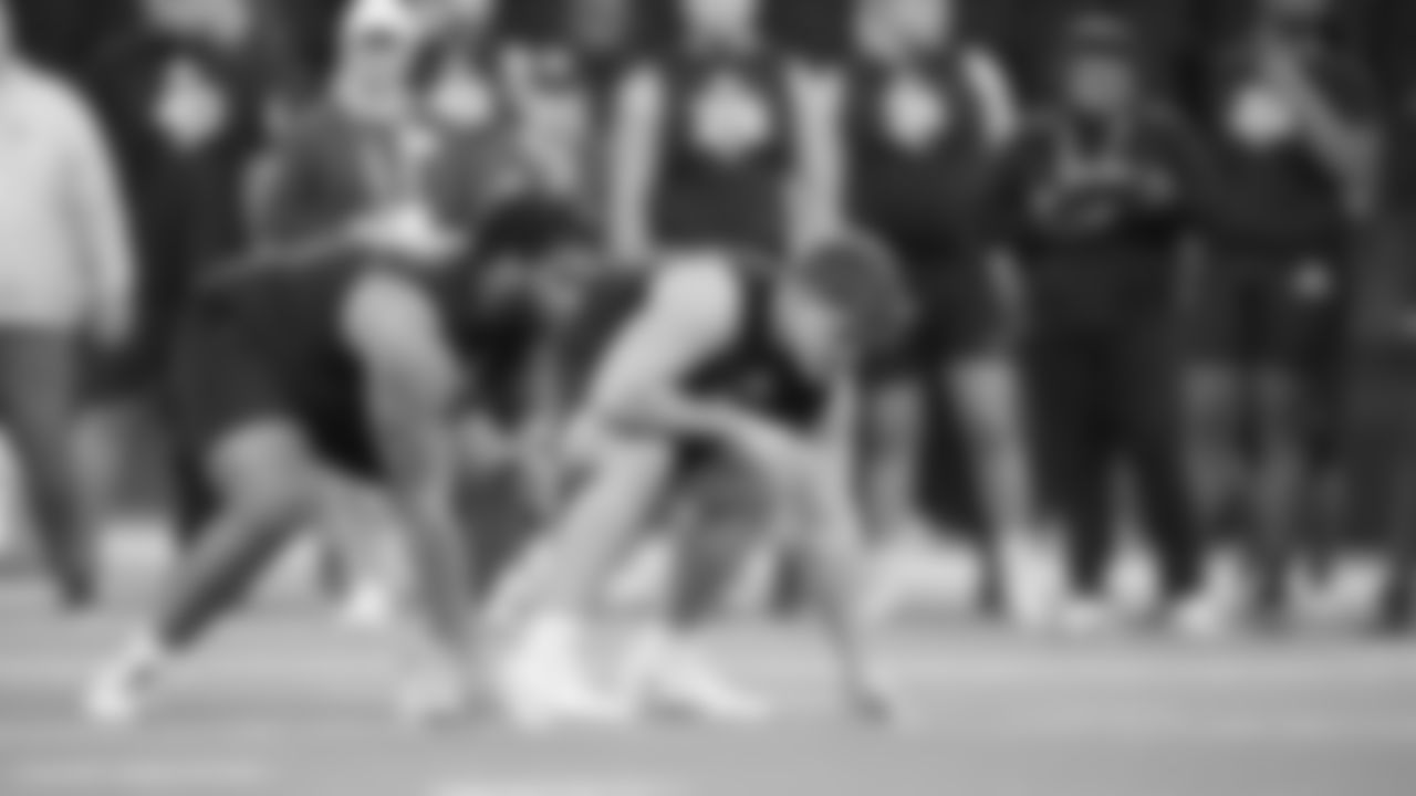 Purdue offensive lineman Marcus Mbow, left, and North Dakota State offensive lineman Grey Zabel runs a drill at the NFL football scouting combine in Indianapolis, Sunday, March 2, 2025. (AP Photo/Michael Conroy)