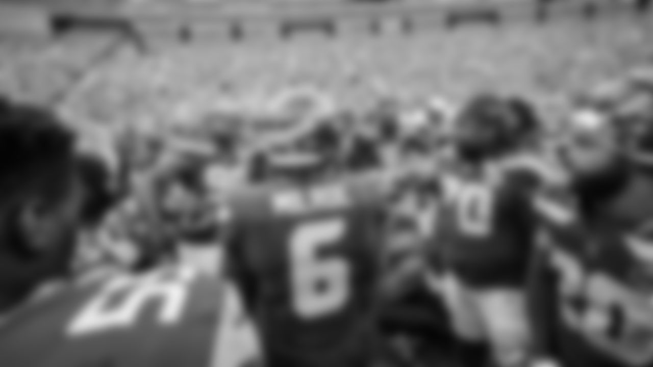 Seahawks quarterback Jalen Milroe (6) warms up at Lambeau Field for the preseason Week 3 matchup vs. the Green Bay Packers.