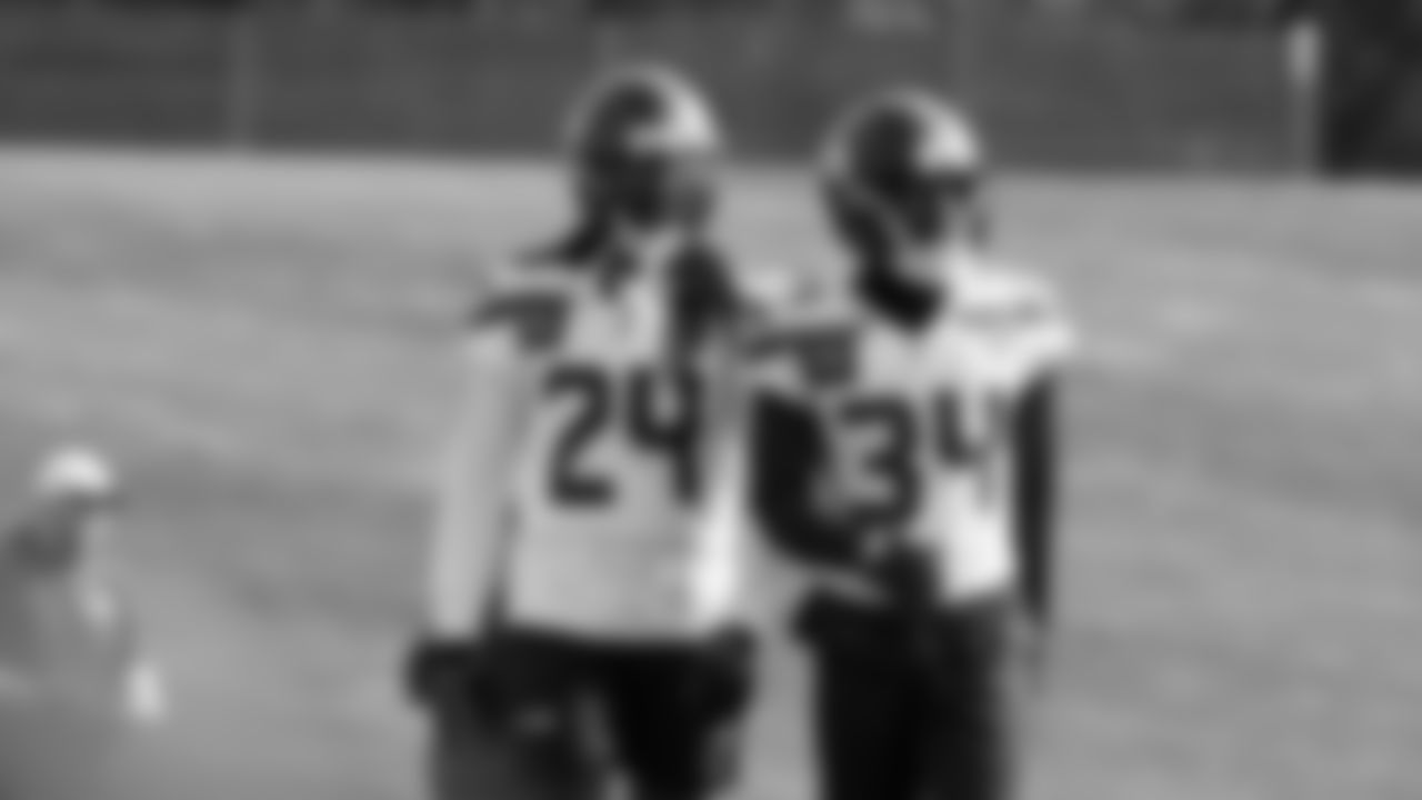 Seahawks cornerback Shaquill Griffin (24) and cornerback Shemar Jean-Charles (34) practiced on Friday, October 17, 2025 at the Virginia Mason Athletic Center.