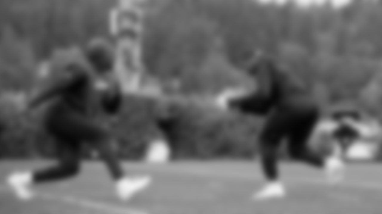 Seahawks linebacker Boye Mafe (53) and linebacker Derick Hall (58) participated in a workout on May 20, 2025 at the Virginia Mason Athletic Center.