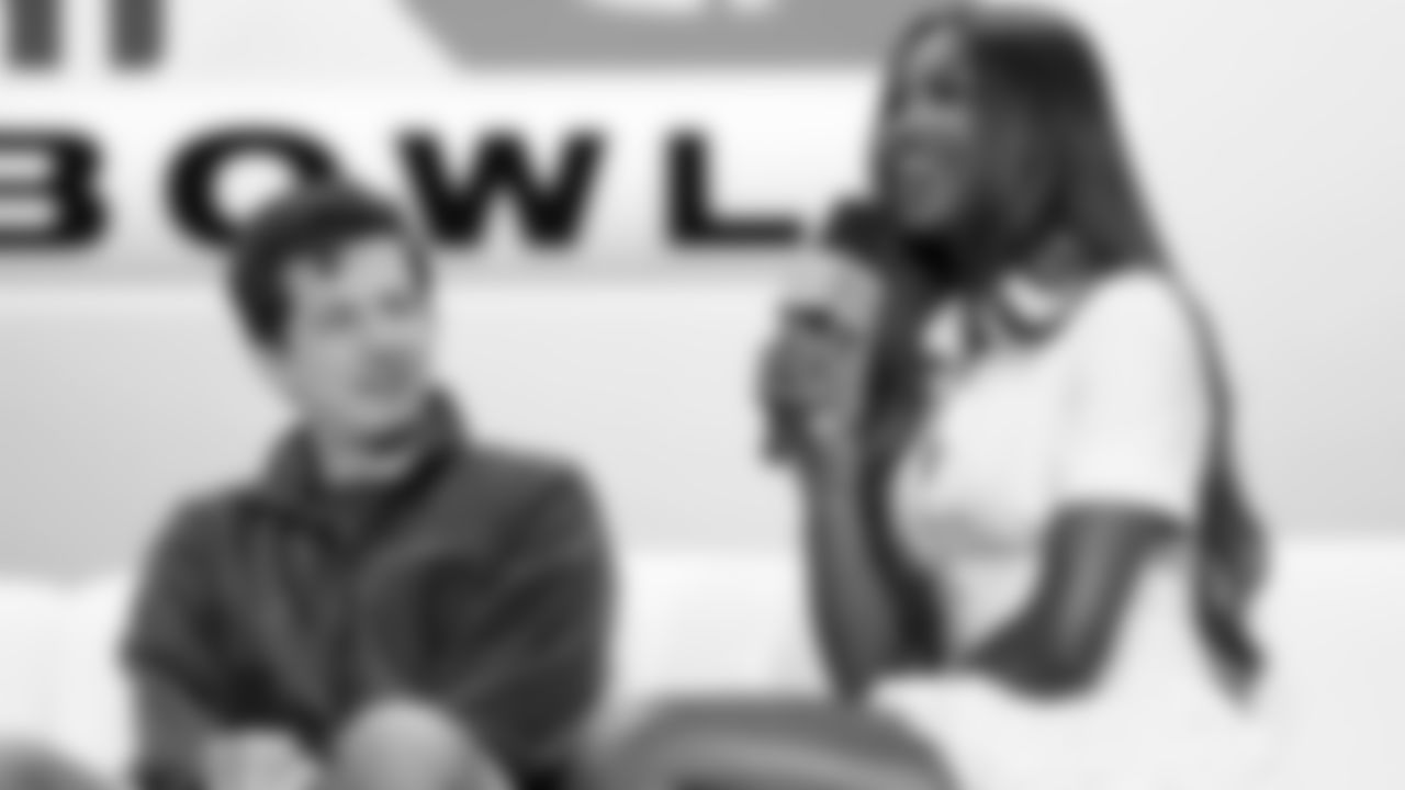 Charlie Puth and Coco Jones answer questions at the Apple Music Halftime Show press conference ahead of the Super Bowl 60 football game on Thursday, February 5, 2026 in San Francisco. (Kathryn Riley/NFL)